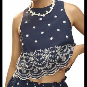 Brand New En Saison Women's Blue Cropped Embroidered Tank Top